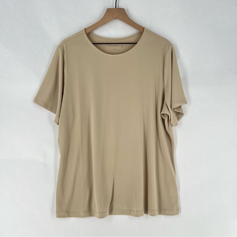Susan Graver Essentials Stretch Jersey Knit Casual Tan Short Sleeve‎ Top Size XL